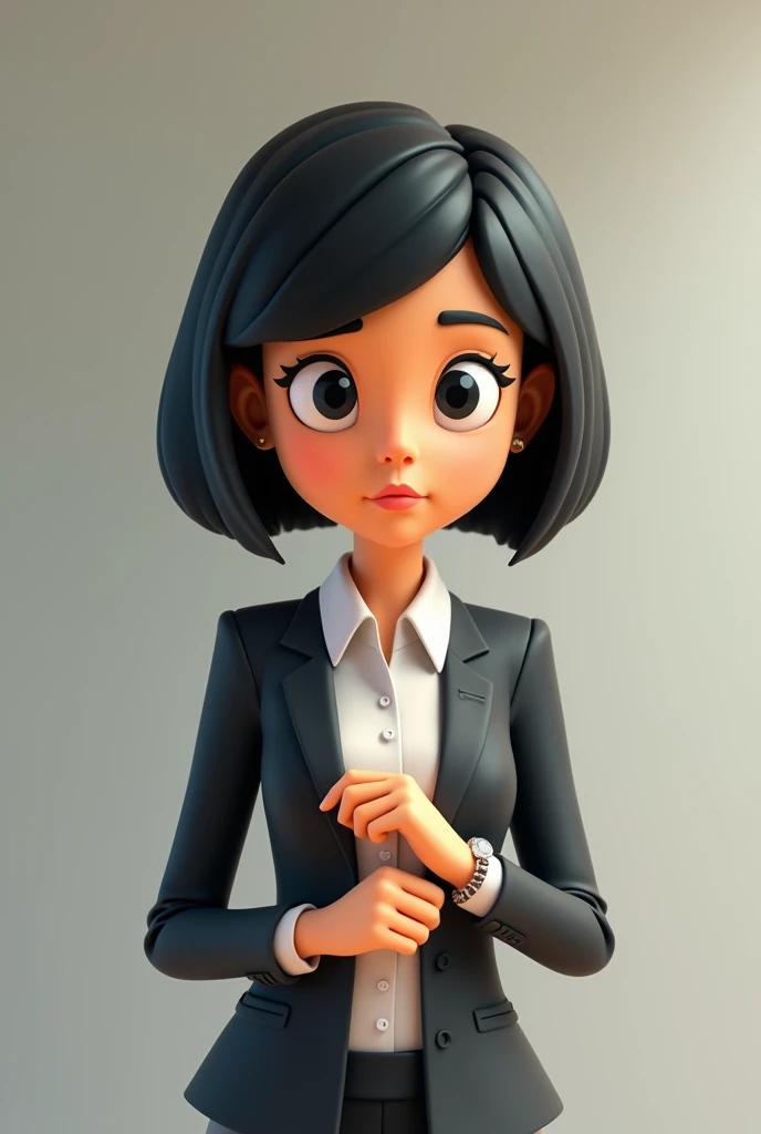 3d cartoon of a woman, short, straight and black hair, black eyes, looking forward wearing formal woman looking at watch