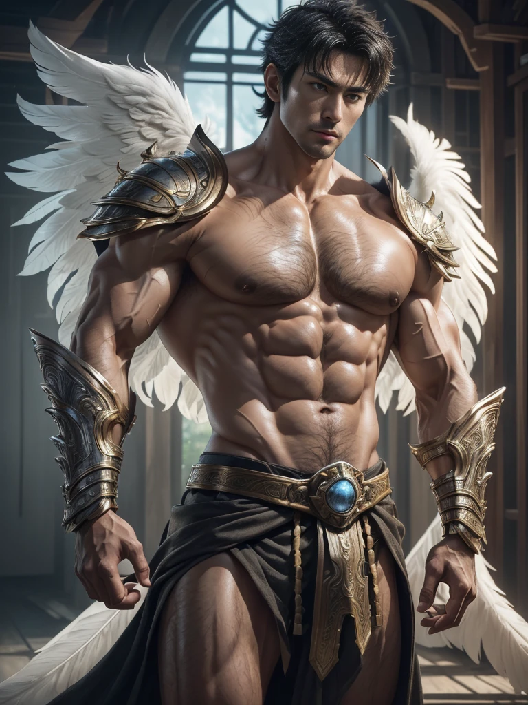 Create a hyper-realistic, highly detailed lifelike image of Archangel Chamuel in his mid-30s with a Japanese appearance, long, flowing, wavy black hair, gold-plated armor on his shoulders and chest, and six large wings on his back. He has chiseled abs, a muscular build, and large biceps, standing at 7'8" tall. The image should capture him walking throughout the Garden of Eden, with an ethereal glow and serene beauty, ensuring all is going smoothly with God's creation, surrounded by lush, vibrant grass with a gentle breeze rustling the blades.masseter membrane、well built、Asian male celebrity_put on eyes、(eBlue eyes)、Have a pair of huge open wings，largeeyes！largeeyes！Straight nose！largest wing root，(Have a pair of huge wings，There are white feathers on it) Asian male celebrity、Xiao Zhan、chest muscle、sports student、cool guy、young、Brush cut、gay twinks、scantily clad、Brush cut！Nod and pull your head five times, etailed, Best quality, Strong light illumination, Focus sharp, theater audience, The upward lens is closer to the body, (( Lean Body Fat 15%，short hair the detail！ shave the Sides short, silver whey health, My chest is hairy, bodyhair, , Showing shaggy’s armpits, shaggy legs, silber hair muscular jigachad, Super buff and cool, aged , shaggy, a screenshot by Adam Dario Keel, reddit, Photographic realism, , and face, artem, Bigchest, Upper part of the body, Fluffy, Muscle tissue, attractive male, shaggy body, Gigachard The Art of muscular Abnormality, New row added, Tanaka Ryu HD, fukaya yuichiro, Yoshifumi Ujima, Akikazu Mizuno, style of kentaro miura, Shen Until, shin-hanga, yoshida , Tanaka Ryu HD, New row added, fukaya yuichiro, Yoshifumi Ujima, Akikazu Mizuno, style of kentaro miura, Shen Until, shin-hanga, yoshida, hideo minaba, Chad handsome charming male，Side ，Inspired by the realistic photos of Ludovit Fula, placed in a, sweaty abs, Well-defined abs, attractive body, firey wings. 32k uhd