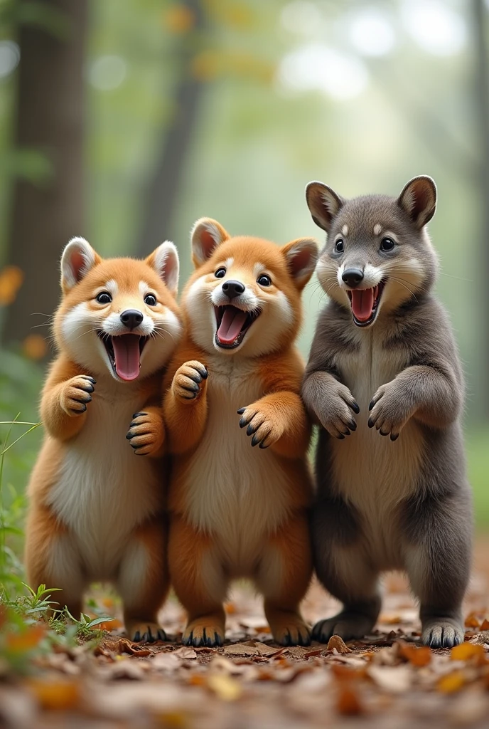 3 different animals taking a selfie holding a cell phone, rogue and exactly at the moment of a fall fun, a cheerful tumble