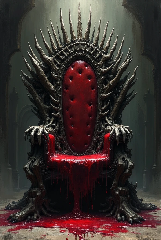 A throne made of human bones, from front shot, with blood on the seat. En dessin.