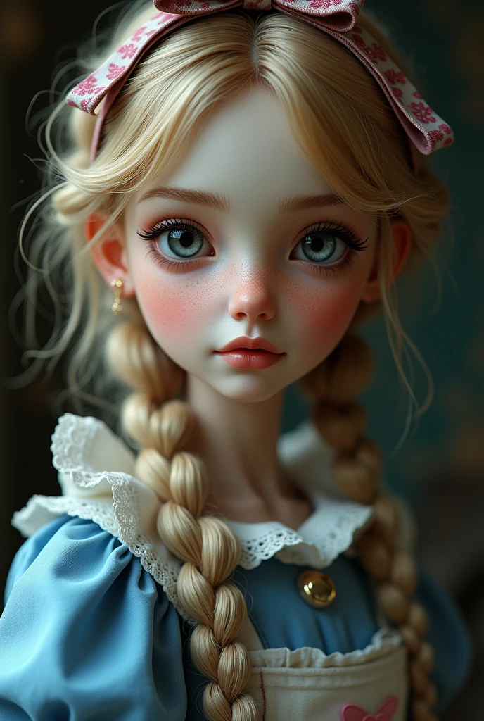 One girl, masterpiece, Highest quality, 8k, Detailed skin texture, Detailed cloth texture, Beautifully detailed face, Intricate details, Super detailed, Alice in Wonderland, (A ribbon on her head:1.1), Upper Body