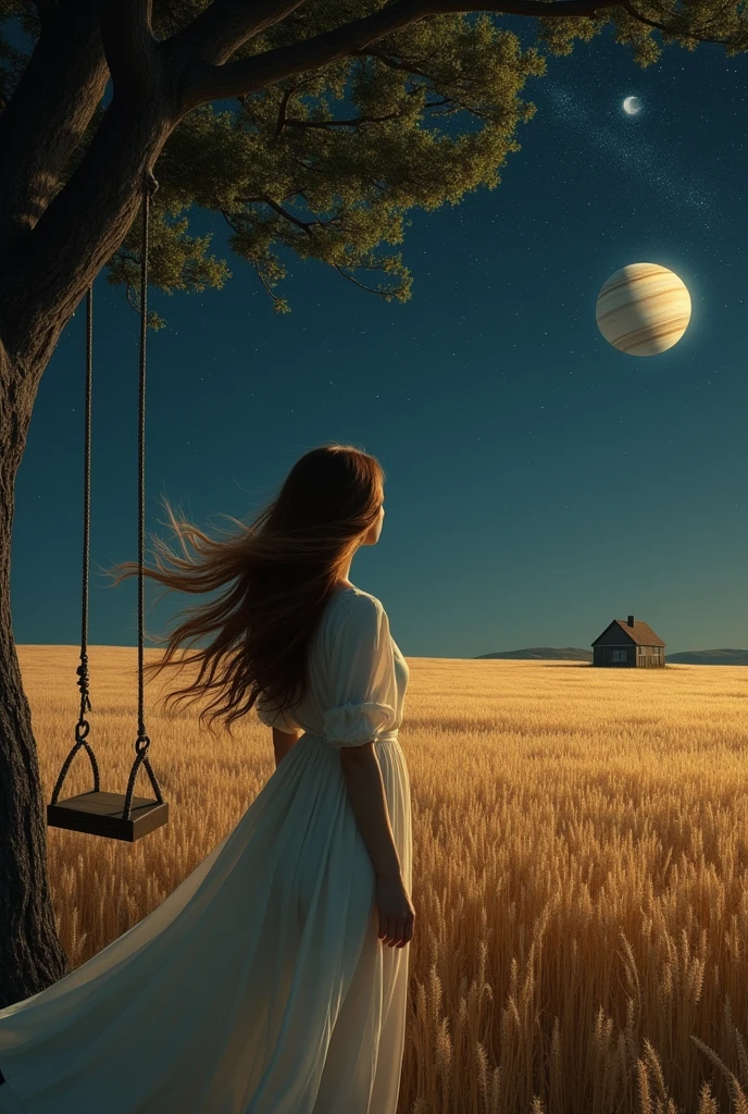 An image in the field at night, a woman with long brown hair (fluttering) on your back under a tree that has a swing. It's night and you can see the stars in the sky, a lua e os aneis de Saturn, Saturn. The sky is dark. She is in a wheat field, and far on the horizon you can see a small house, Saturn da pra ver no ceu pequeno ao lado da lua