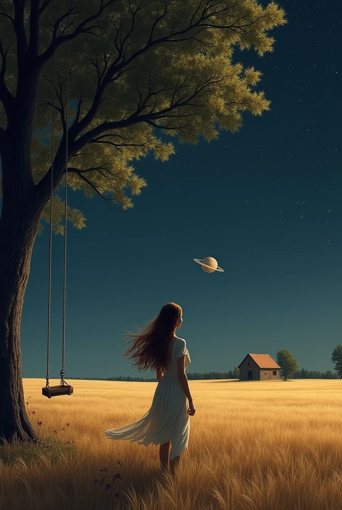 An image in the field at night, a woman with long brown hair (fluttering) on your back under a tree that has a swing. It's night and you can see the stars in the sky, a lua e os aneis de Saturn, Saturn. The sky is dark. She is in a wheat field, and far on the horizon you can see a small house, Saturn da pra ver no ceu pequeno ao lado da lua