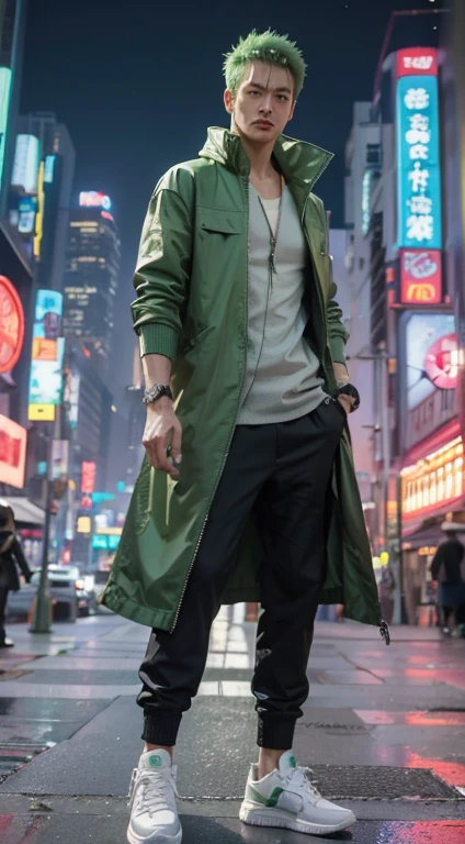 Roronoa zoro, onepiece, green hair, green jacket, sneaker shoes, detailed face, detailed hair, detailed eyes, detailed hand, modern city background, cyberpunk light effect, ultra realistic, ultra detailed, best quality, masterpiece.