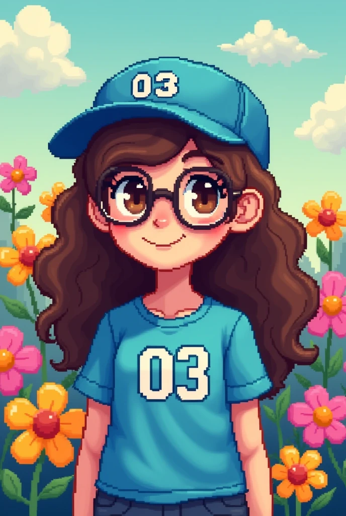 Make a girl in pixel art, with a blue shirt with a 03 in the upper right corner and a blue cap with the number 03, she has long curly hair and she is smiling, she wears glasses, She has brown eyes. The background is made of flowers, everything must be in pixel art, pixel art.
Now do this same art, but without the white border on 05, but still in pixel art