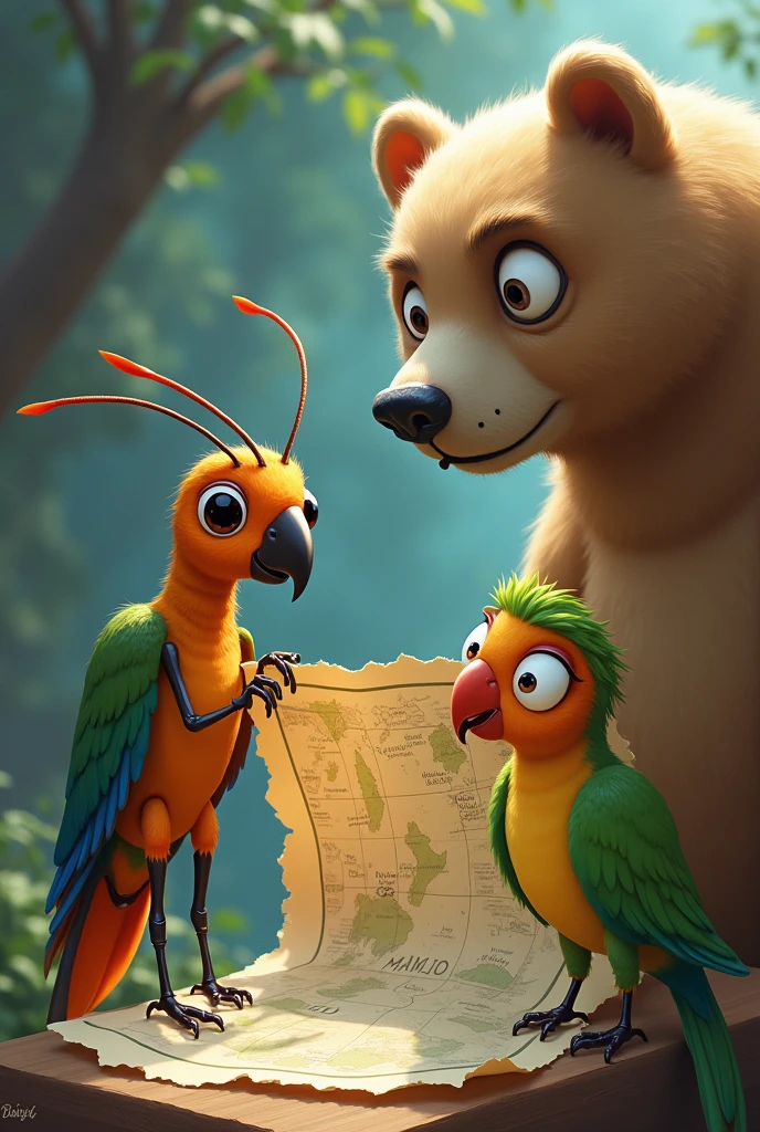 The ant next to the parrot looking at the map and a surprised animated bear