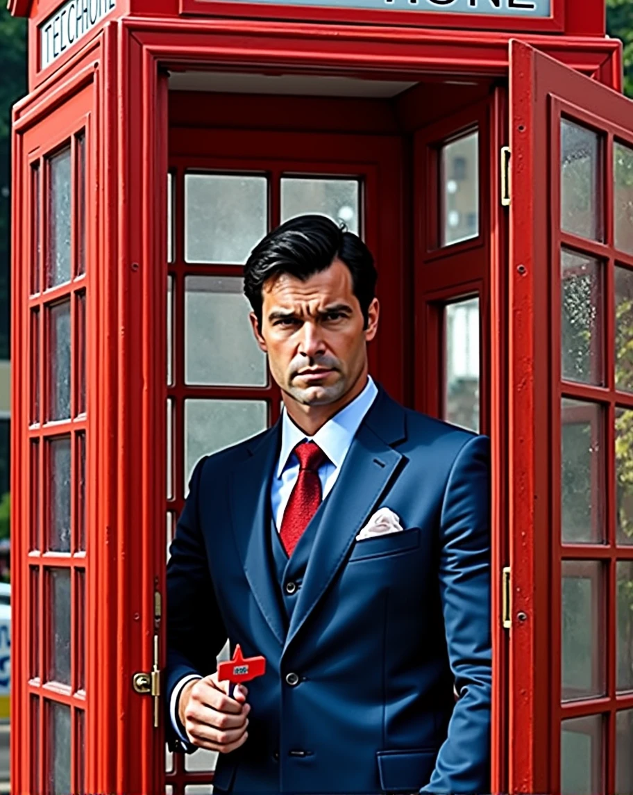 Clark Kent in an iconic British Phon Box, to change his Identity as Superman