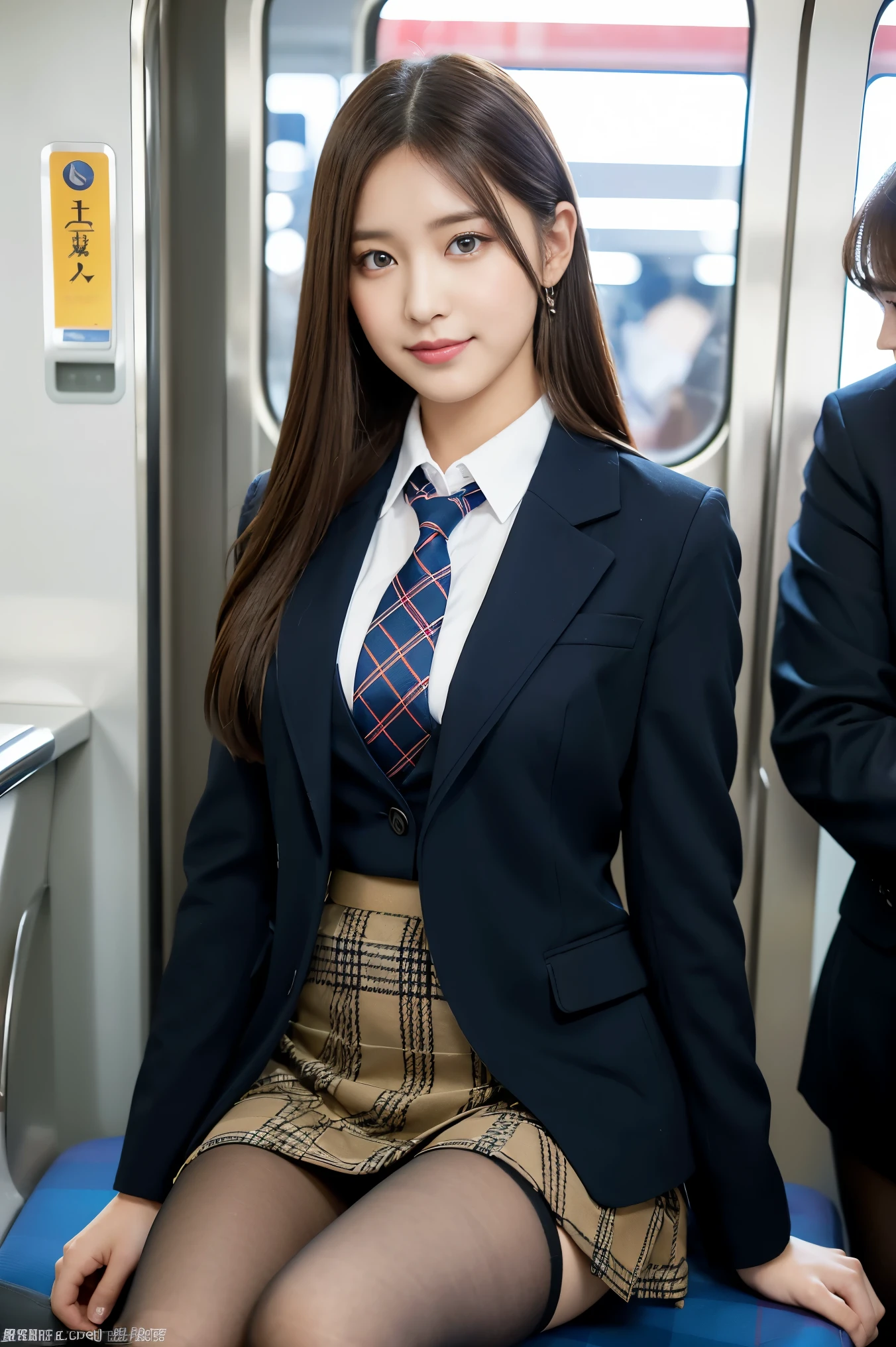 (8K), (highest quality: 1.2), (realistic), (realistic: 1.37), ultra high resolution, 1 girl, cute, smile, blue eye,closed mouth, beautiful details, beautiful nose, silky hair, giant dulcefo, pork, thighs,Self snap,University Student Uniform,Sitting on a Tokyo train,simple blazer,pleated skirt,(The pattern of the skirt and tie is a tartan check pattern..:1.3), (black panty hose:1.3), closed legs