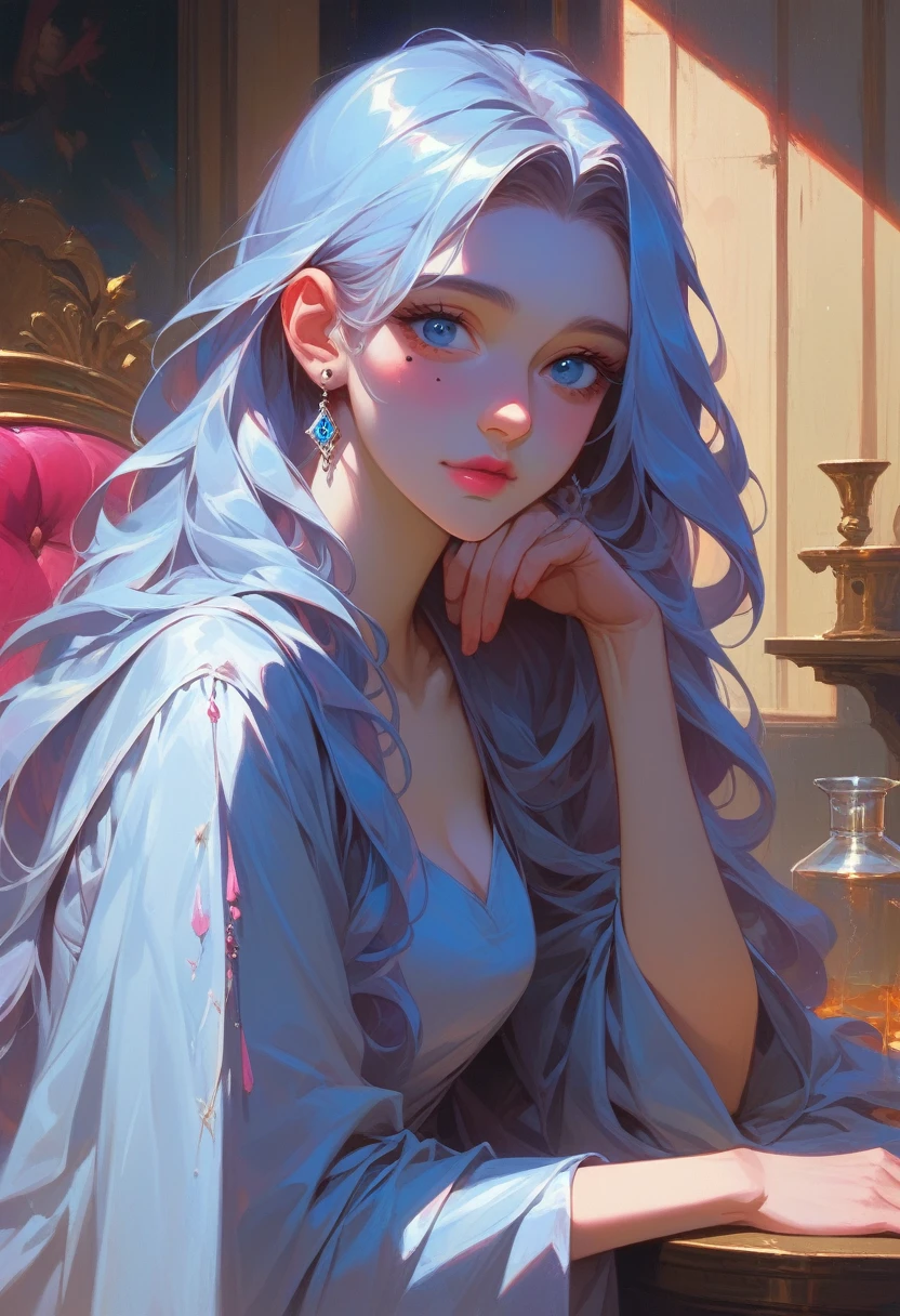 Best quality,Masterpiece,Pink loose long hair,Blue eyes, Silver dress-robe,Sapphire jewerly ornament,Upper body,Fair skin,Mole under left eye,pink lips,A mage girl around 10 years old,Stood up across the table,Surroundings by a lot potions and bottle of magic,Dark room with only one light