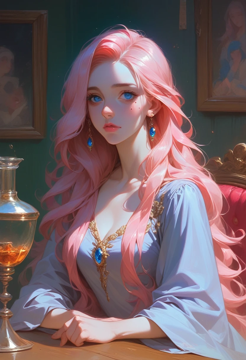 Best quality,Masterpiece,Pink loose long hair,Blue eyes, Silver dress-robe,Sapphire jewerly ornament,Upper body,Fair skin,Mole under left eye,pink lips,A mage girl around 10 years old,Stood up across the table,Surroundings by a lot potions and bottle of magic,Dark room with only one light