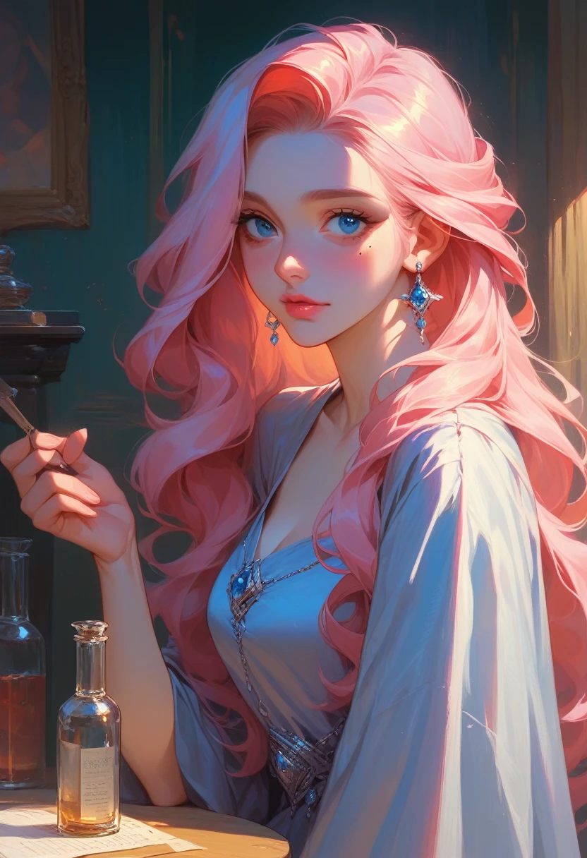 Best quality,Masterpiece,Pink loose long hair,Blue eyes, Silver dress-robe,Sapphire jewerly ornament,Upper body,Fair skin,Mole under left eye,pink lips,A mage girl around ,Stood up across the table,Surroundings by a lot potions and bottle of magic,Dark room with only one light