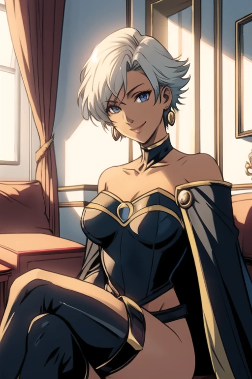 cape, thigh highs, gloves, midriff, bodysuit, earrings, short hair , Ororo, strapless, exposed shoulders, 1female, sitting room, smile, Solo, Masterpiece, Best Quality,