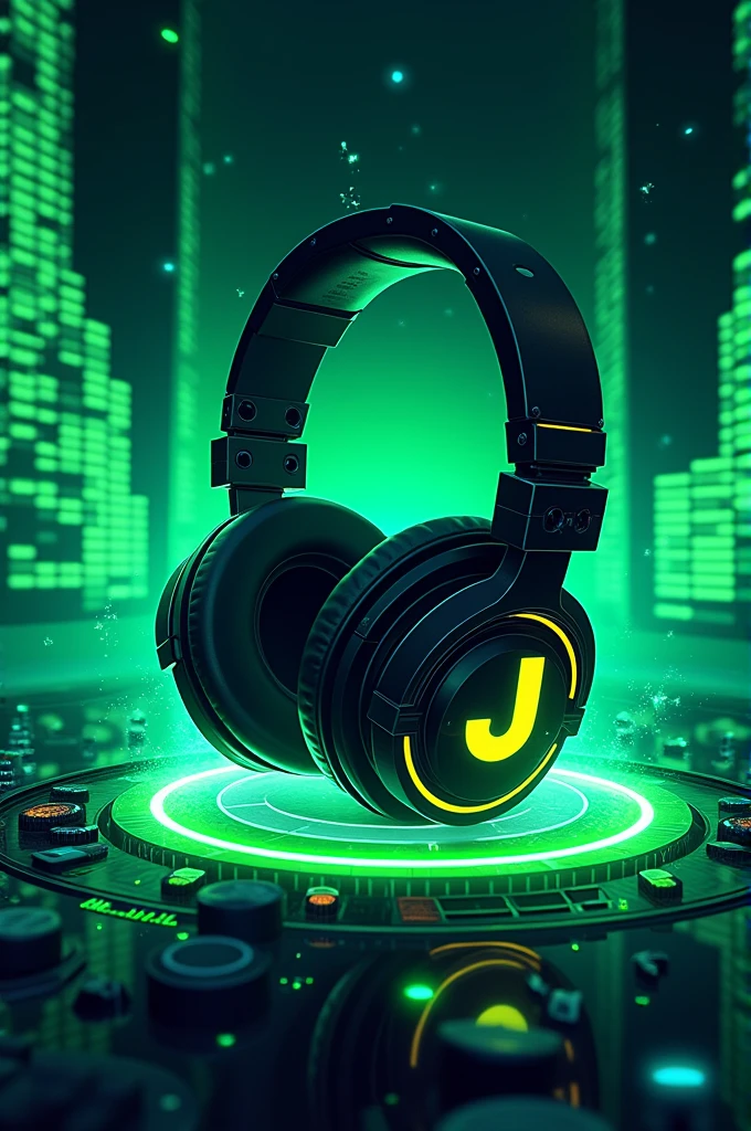 DJ headphones with J letters.J DISPLAY with musical beats in green