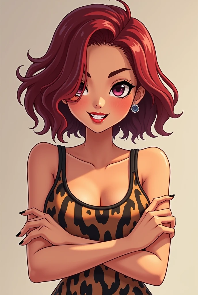 Animated logo of a 19 year old dark red haired girl, pretty eyebrows, straight teeth, very thin lips, long nails, brown skin, dark eyes,with black eyeliner, blushing cheeks,CABELLO LARgO rostro no tan delgado, tiny breasts, arms crossed that , blusa de tirantes estilo animal prince bajo tenga iniciales estas iniciales h.n.g.h. and mayuscula