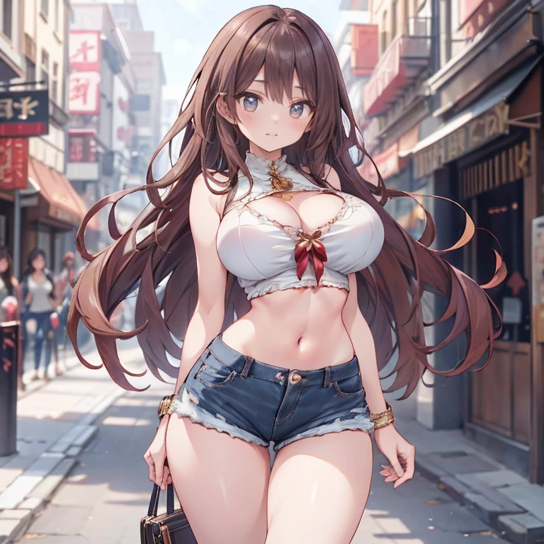 Anime Kawaii y Perfect Slim sensual body large bred huge thighs, An intricate and highly detailed illustration of anime (Young girl) (work of art, best qualityer, ultra detali, high resolution, 4K),(beautiful detailed eyes),(very highly detailed face),(1 girl),HDR,long hair, shorts, phone, eyes browns, chestnut hair, cellphone, bracelet, regatta, jewerly, to attend, lips, focus only, glaze, blurry background, ssmile, wristto attend, realisitic, blurry, gazing at viewer