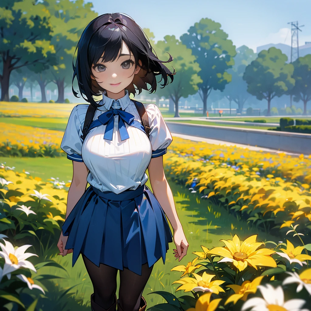 (high quality, High resolution, Very detailed, reality:1.37), Peaceful atmosphere, (Outdoor, garden), Teenage girl standing alone, (my breasts are big.), Beautiful details, Cute Smile, (Black bob hair), Ribbed sweater, Blue Skirt, Black tights, Brown boots.