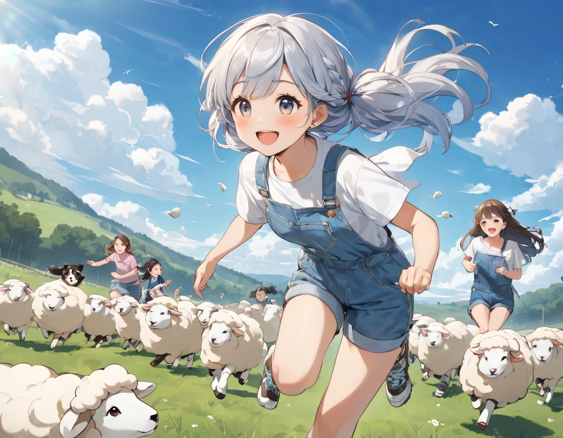 Light blue long hair、beautiful girl with twin tails、T-shirt and denim jumpsuit、A happy smile、Sheep pasture、Lots of sheep、Smiling girl holding a sheep、Running with the sheep、blue sky、Two dogs watching over sheep、Shepherd Dog