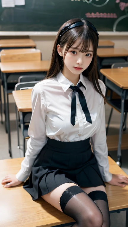 The pieces fly, Highest quality, figure, Very detailed, The finer details, High resolution, 8k,wallpaper, Perfect dynamic composition,(Detailed high quality, Realistic depiction of eyes:1.3), (White school shirt :1.2), (Checked skirt :1.3), Black tie, Black thigh-high stockings, Sitting, Leg spread, In the classroom, Background blackboard, Deep in the field, Large Breasts, Black hair color, Big Natural Color Lip, (Perfect figure), Crying a little、Cold Stare, Harajuku Style、20-year-old girl、Cute type、ta、Beautiful feet, Idol Sculpture