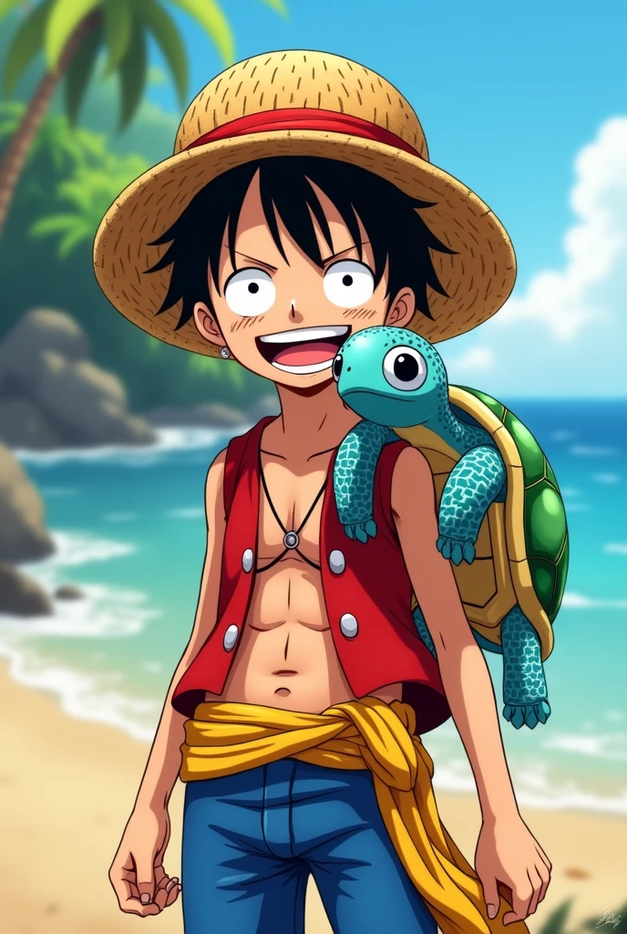 Luffy de one piece avec une tortue sur son épaule droite qui a une carapace bleu et blanc 