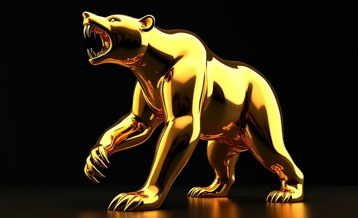 imposing menacing bear standing with claws up attacking. smooth gold body mirrored shiny chrome angry attacking from above with his golden bear black background. a bright chrome gold standing bull angry attacking from below with his golden bear black background