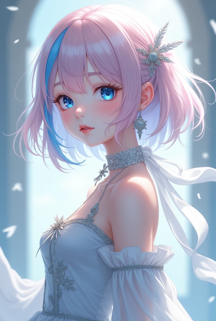 A girl with delicate features, heterochromatic blue eyes, pink hair with a blue streak, elegant clothes with a ribbon. Large 
