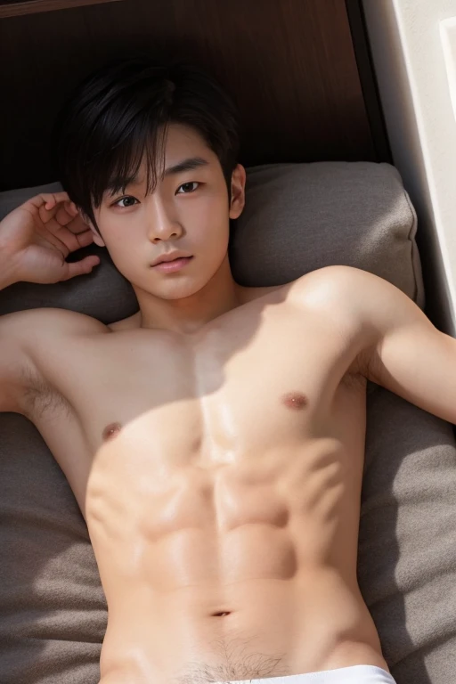 man, topless, japanese, blush, 20 years old, trunks, lie on back