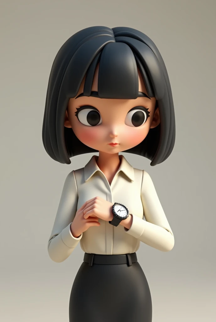 3d cartoon of a woman, short, straight and black hair, black eyes, looking forward wearing formal woman looking at watch
