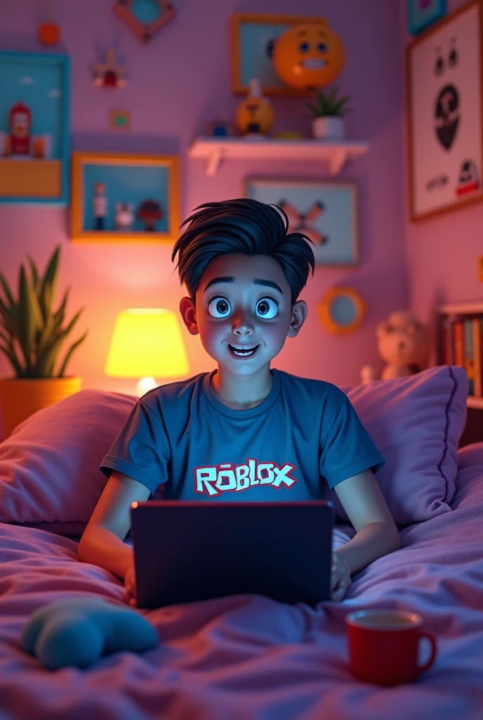 He started to get addicted to roblox and got the roblox shirt and room!