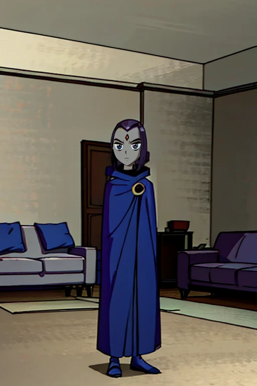 white raven, 1girl, solo, short hair, purple hair, hood, cape, colored skin, cloak, grey skin, forehead jewel, room, living room,, standing