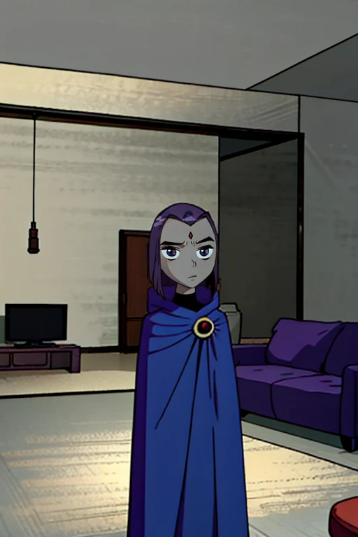 white raven, 1girl, solo, short hair, purple hair, hood, cape, colored skin, cloak, grey skin, forehead jewel, room, living room,, standing