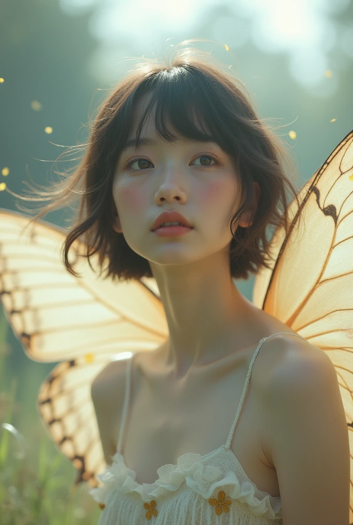 editorial photography,super detailed background,Super realistic,double exposure,depth of field,beauty skinny angel vibes,soft focus tone,open lips,Super short straight hairstyle,swallowtail butterfly wings,light falling from the sky,Fine white skin, big eyes, soft cheeks,from directly below,