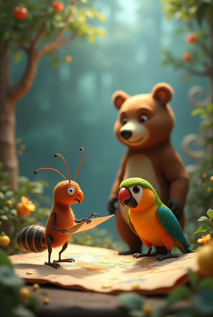 The ant next to the parrot looking at the map and a surprised animated bear
