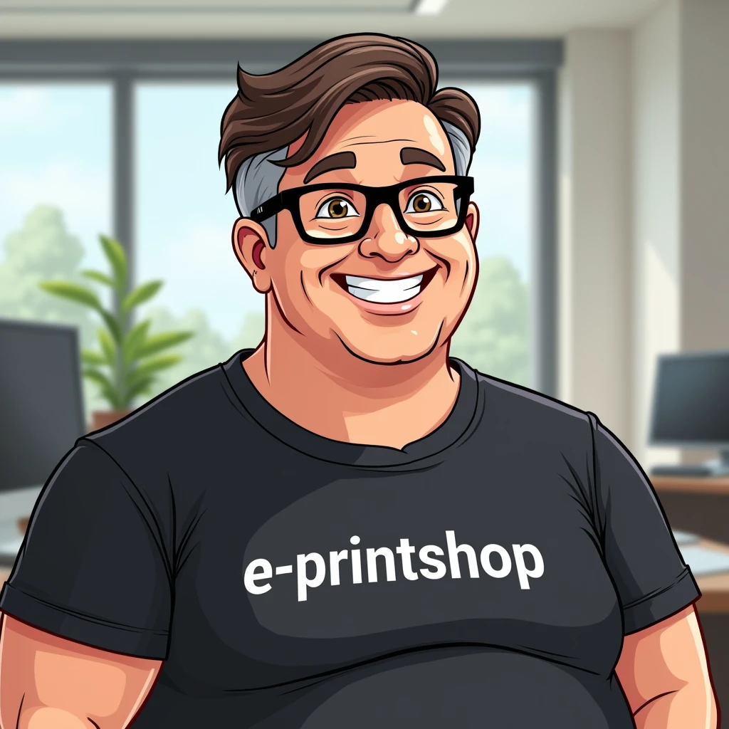 Cartoon style. A man, Calcasian, straight hair, very short, dark brown, black glasses frame, no beard, fat, smiling and excited, brown eyes and happy look, aged between 50 and 55 years old, black t-shirt and written in white "e-PrintShop" sans serif and bold letters, character in the foreground.
Background: office room.
