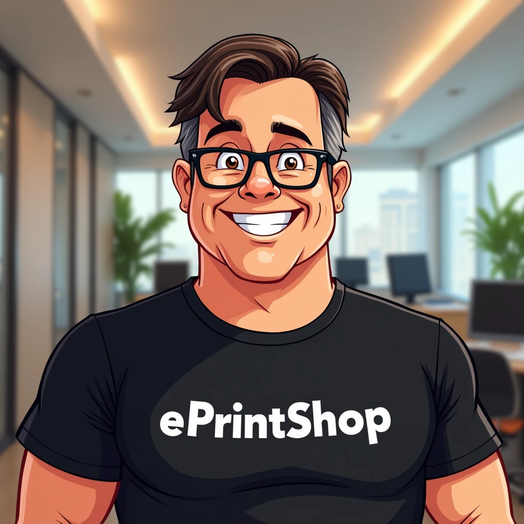 Cartoon style. A man, Calcasian, straight hair, very short, dark brown, black glasses frame, no beard, fat, smiling and excited, brown eyes and happy look, aged between 50 and 55 years old, black t-shirt and written in white "e-PrintShop" sans serif and bold letters, character in the foreground.
Background: office room.