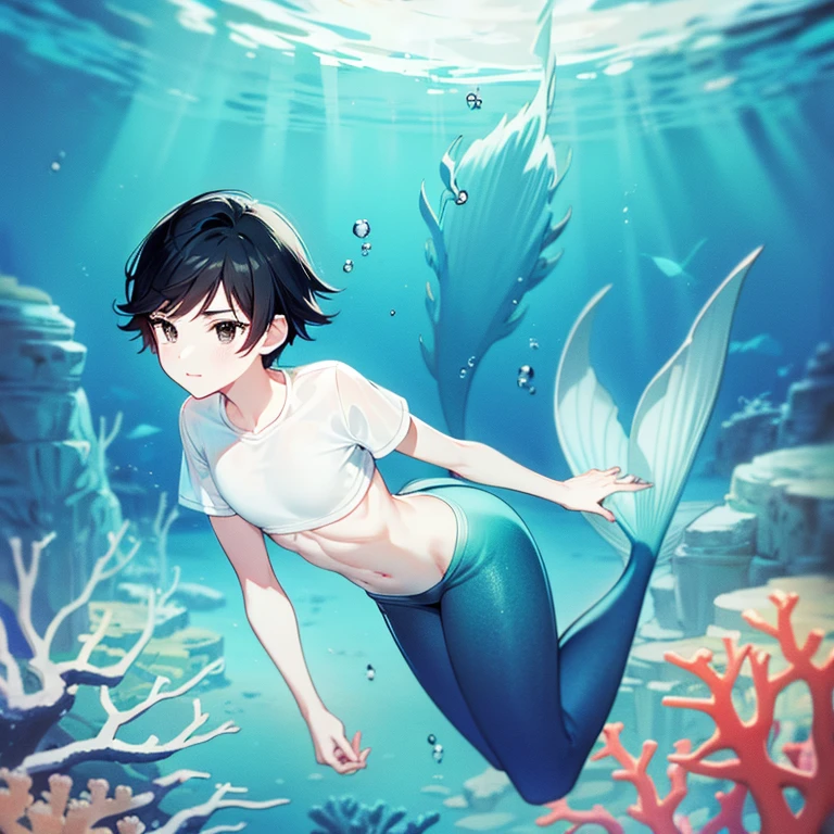 Merman, merman tail below waistline, black hair, short hair, black eyes, white shirt, abs, underwater sea, coral, fish,