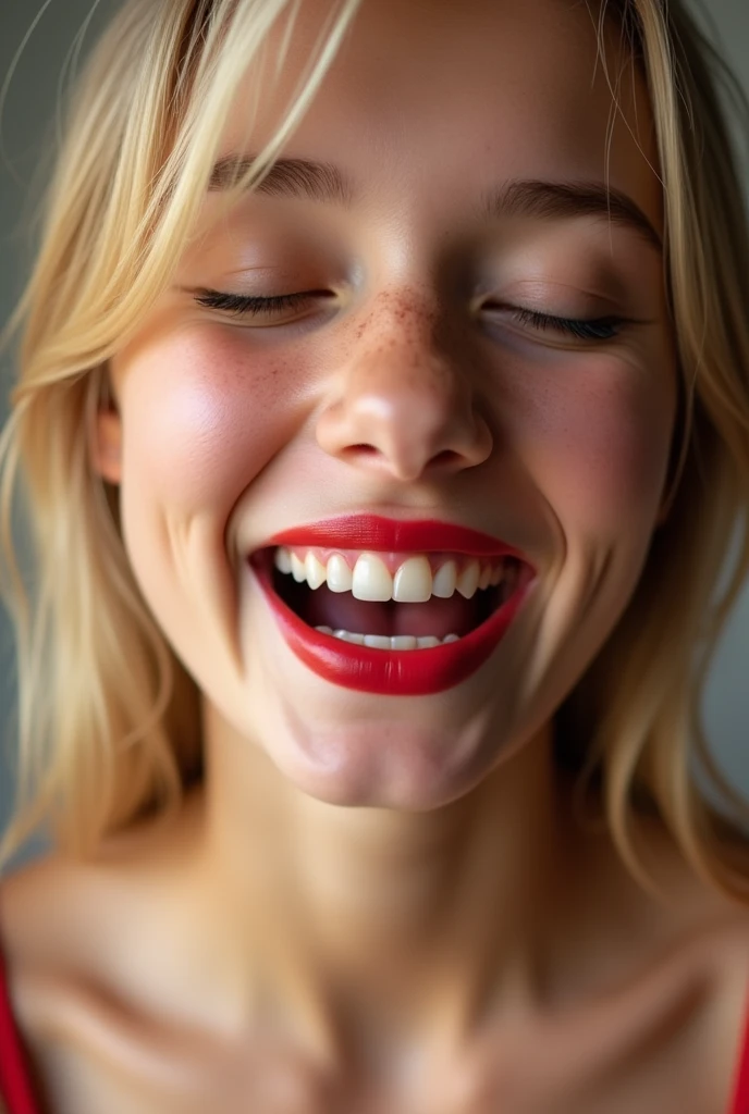 closeup of a female teen’s face wearing red lipstick, mouth very wide open and smiling, eyes closed, naturally blonde hair, wearing strapless bra, extreme skin detail, photorealistic, 8k, wallpaper, viewed from above