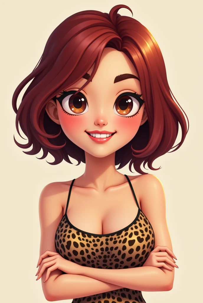 Animated logo of a 19 year old dark red haired girl, pretty eyebrows, straight teeth, very thin lips, long nails, brown skin, dark eyes,with black eyeliner, blushing cheeks,CABELLO LARgO rostro no tan delgado, tiny breasts, arms crossed that , blusa de tirantes estilo animal prince bajo tenga iniciales estas iniciales h.n.g.h. and mayuscula