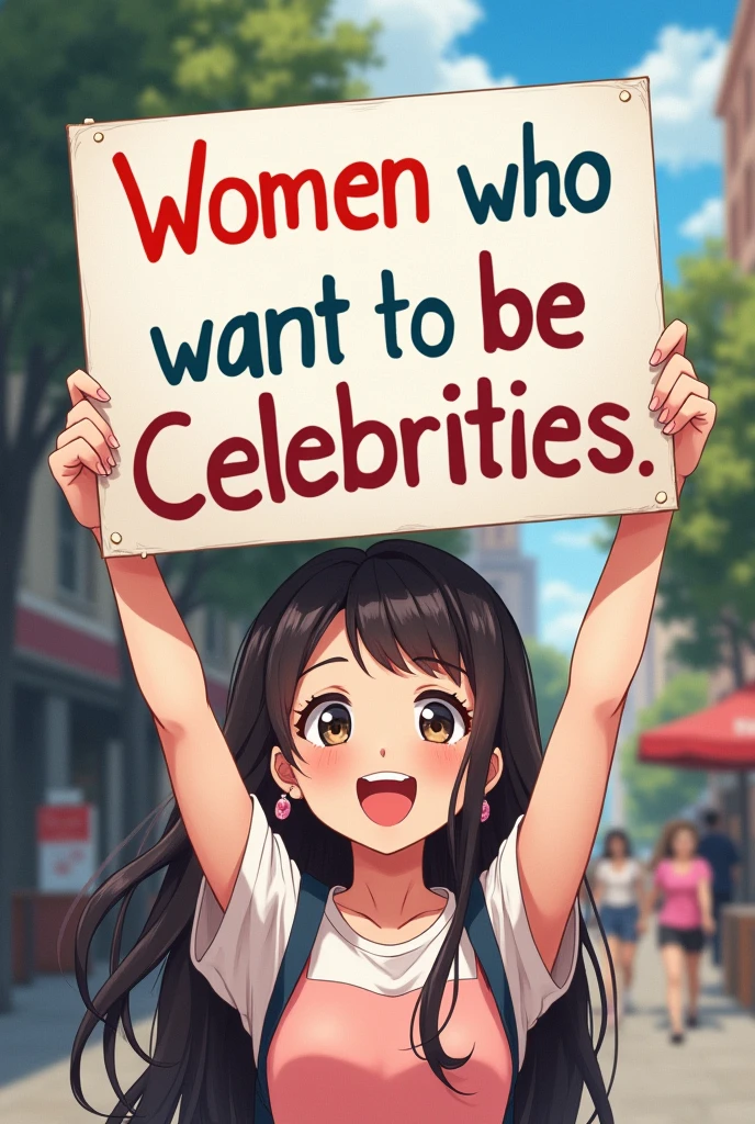 A beautiful and cute woman holding up a sign "Women who want to be celebrities", Joyful, Happy, Anime illustration, Realistic, oil