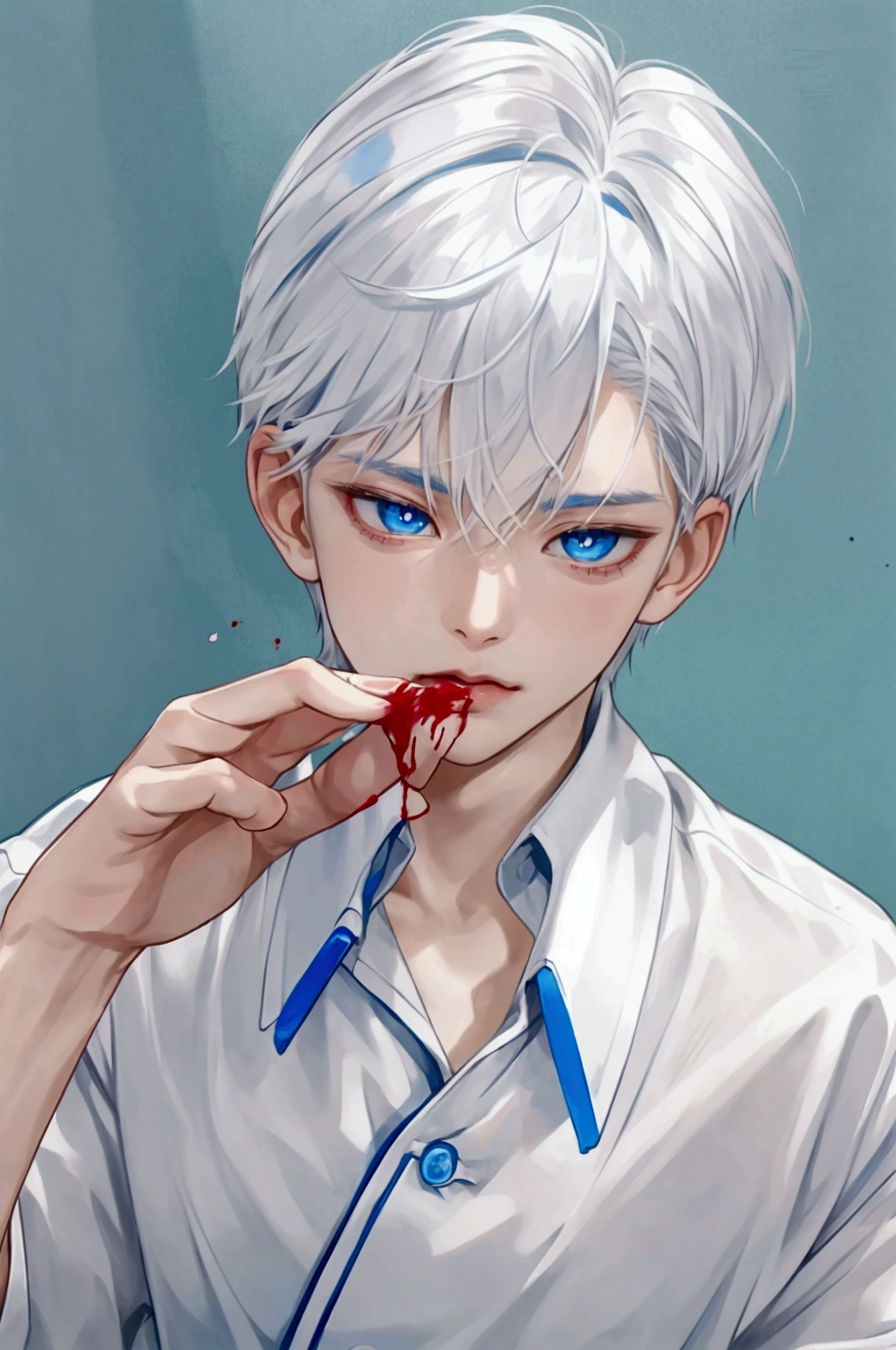 ung boy, close up, blue colored eyes, White hair, Caucasian skin, drop of blood in the corner of the mouth, アニメ, bonitas, classic, white shirt