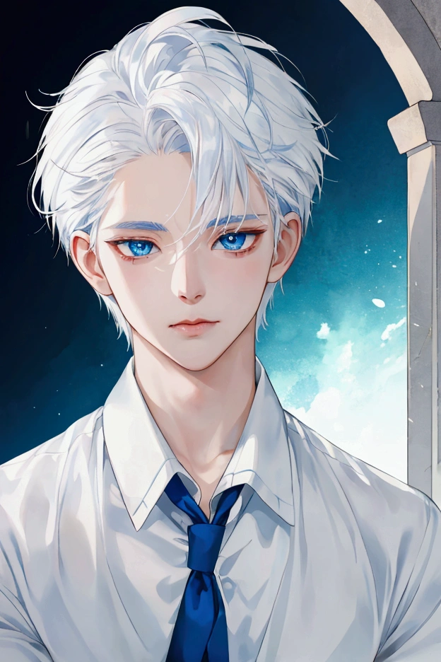 ung boy, close up, blue colored eyes, White hair, Caucasian skin, drop of blood in the corner of the mouth, アニメ, bonitas, classic, white shirt