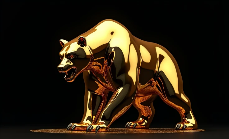 imposing menacing bear standing with claws up attacking. smooth gold body mirrored shiny chrome angry attacking from above with his golden bear black background. a bright golden chrome standing bull charging upwards with his golden bear black background