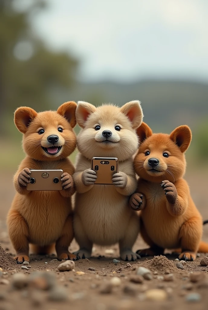 3 different animals taking a selfie holding a cell phone, recording the moment of a fun fall, in the joke