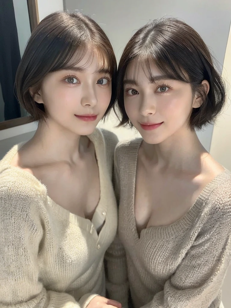 (masterpiece:1.3), (8k, Photoreal, Raw photo, best image quality: 1.4), Japanese high school girl、(random hairstyle:1.2)、cleavage:1.5、super detail face、eye for details、double eyelid、chest to chest、sharp focus:1.2、Beautiful woman:1.4、light brown hair、highest quality、masterpiece、超A high resolution、(Photoreal:1.4)、Highly detailed and professionally lit smiles、loose and light knitwear、shoulder out、thin、serious expression、short haired、deadly position
similar identical twins
All the girls have the exact same face, The two have the same face and figure, as if they were mirror images.