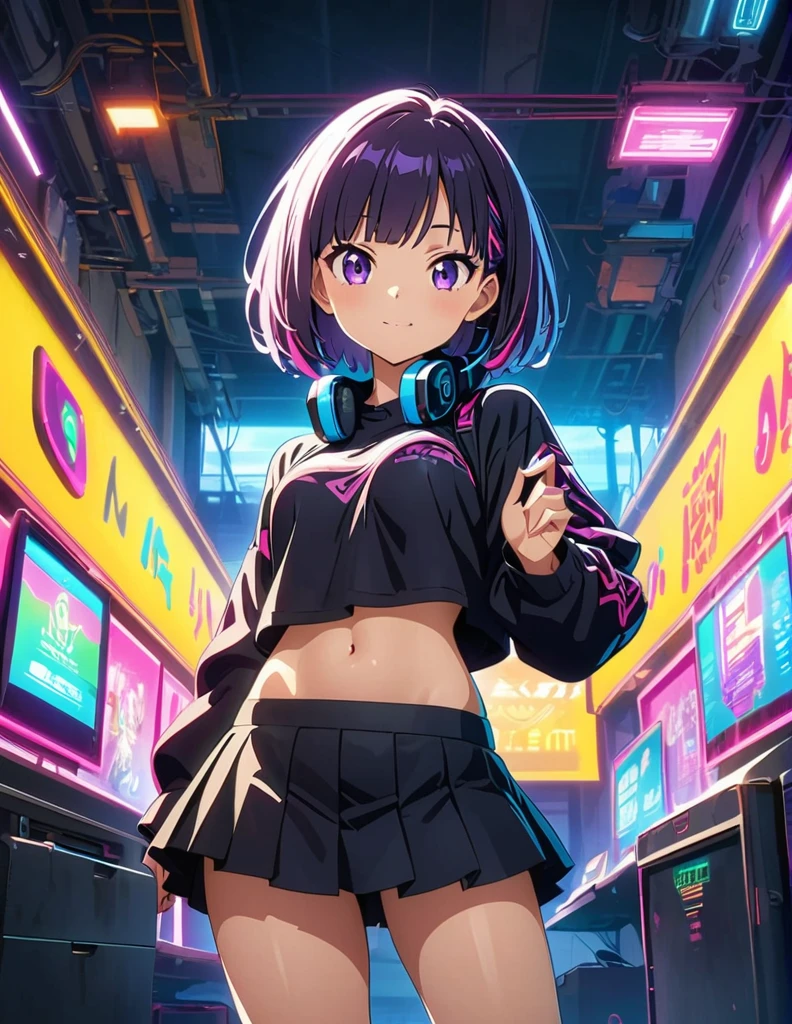 (anime artwork, anime style, studio anime, very detailed, up to date, vibrant, Anime Coloring, high contrast, masterpiece:1.2, best quality, best aesthetics),1 girl,cyber punk clothes, Medium chest, A glimpse of thighs,cyber punk hair, One eye is hidden by the bangs, perfect proportions, high detail skin, Cute, detailed faces, cutout between underboob and shirt,very short pleated miniskirt,makeup, smart phone, head phone to wear around the neck,