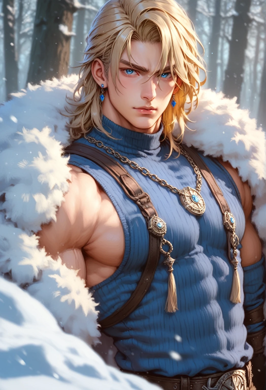 absurdities, High resolution, ultra detailed, HdR, masterpiece, 30 year old adult man, rasgos muy masculines, serious, Extremely detailed face and eyes, semi long straight hair, blond hair, bushy eyebrows, fringe, expressive blue eyes, rasgos masculines, detailed eyes, LOOKING AT THE SPECTATOR, 1 man, viking style clothing, masculine, blue clothes con abrigo de piel, snowy background, White skin, viking necklace, blue clothes, white earrings, tidy hair, Complete plan, beefy chest, magical realism, masculine, men&#39;s clothing, vibrant colors, photorealistic, 8k, Best Quality, High resolution, cinematic lighting, intricate details, snow background.