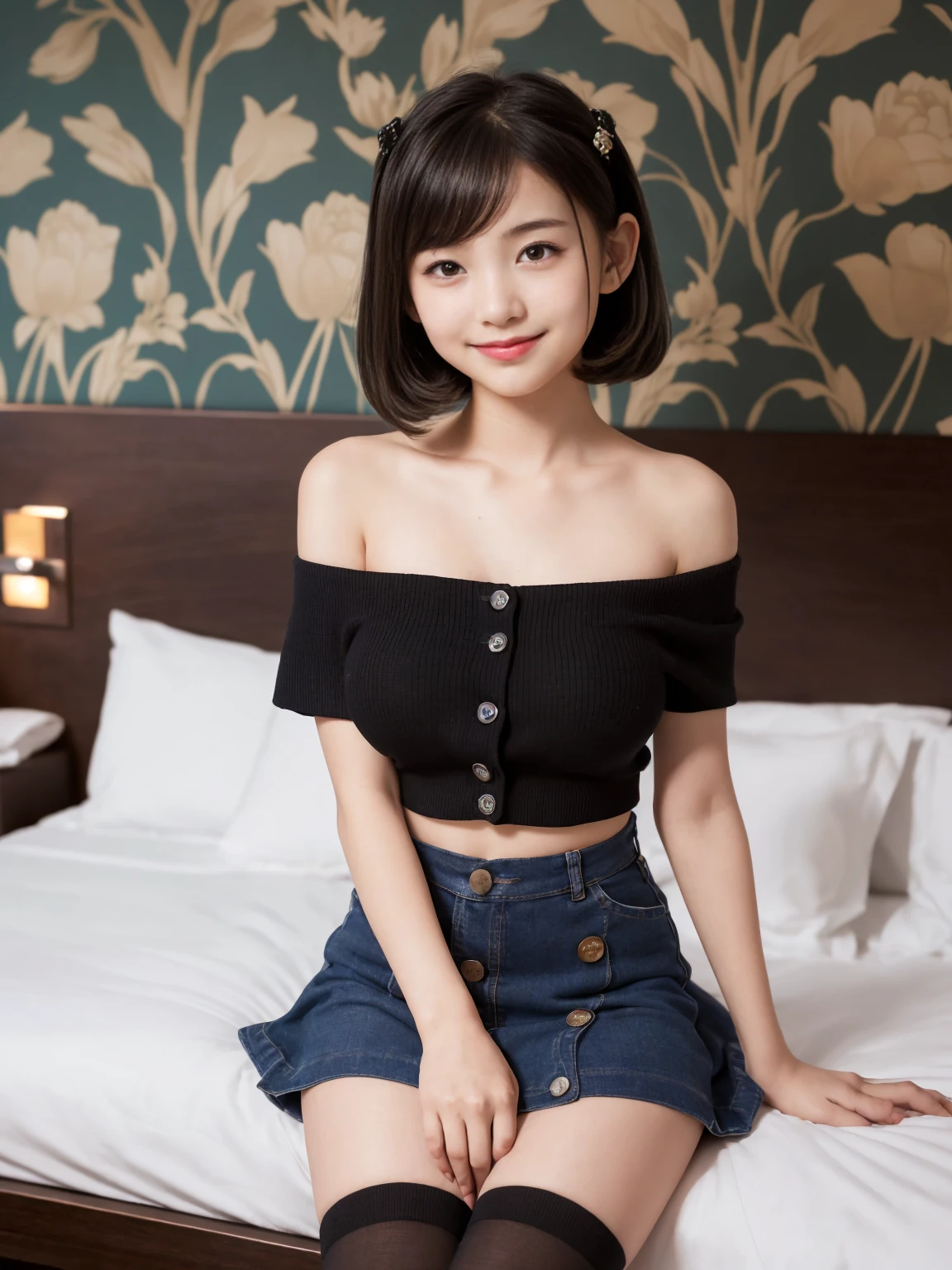 masterpiece, Highest quality, figure, Very detailed, The finer details, High resolution, 8k,wallpaper, Perfect dynamic composition,(Detailed high quality:1.3)、Seraphim, (The background is an empty hotel bed:1.3), Deep in the field, Black hair color, Big Natural Color Lip, (Perfect figure), (smile)、Harajuku Style, Adorable expression、Expressions of happiness、Amazingly cute、Cute type、Beautiful feet, Idol Sculpture、(Big Breasts:1.5)、(Off-the-shoulder shirt with buttons on the chest:1.3)、(mini skirt:1.3)、(Black thigh-high socks:1.3)、(Erect nipples:1.2)、(Young face:1.5)、(:1.5)、(Primary scho stature:1.5)