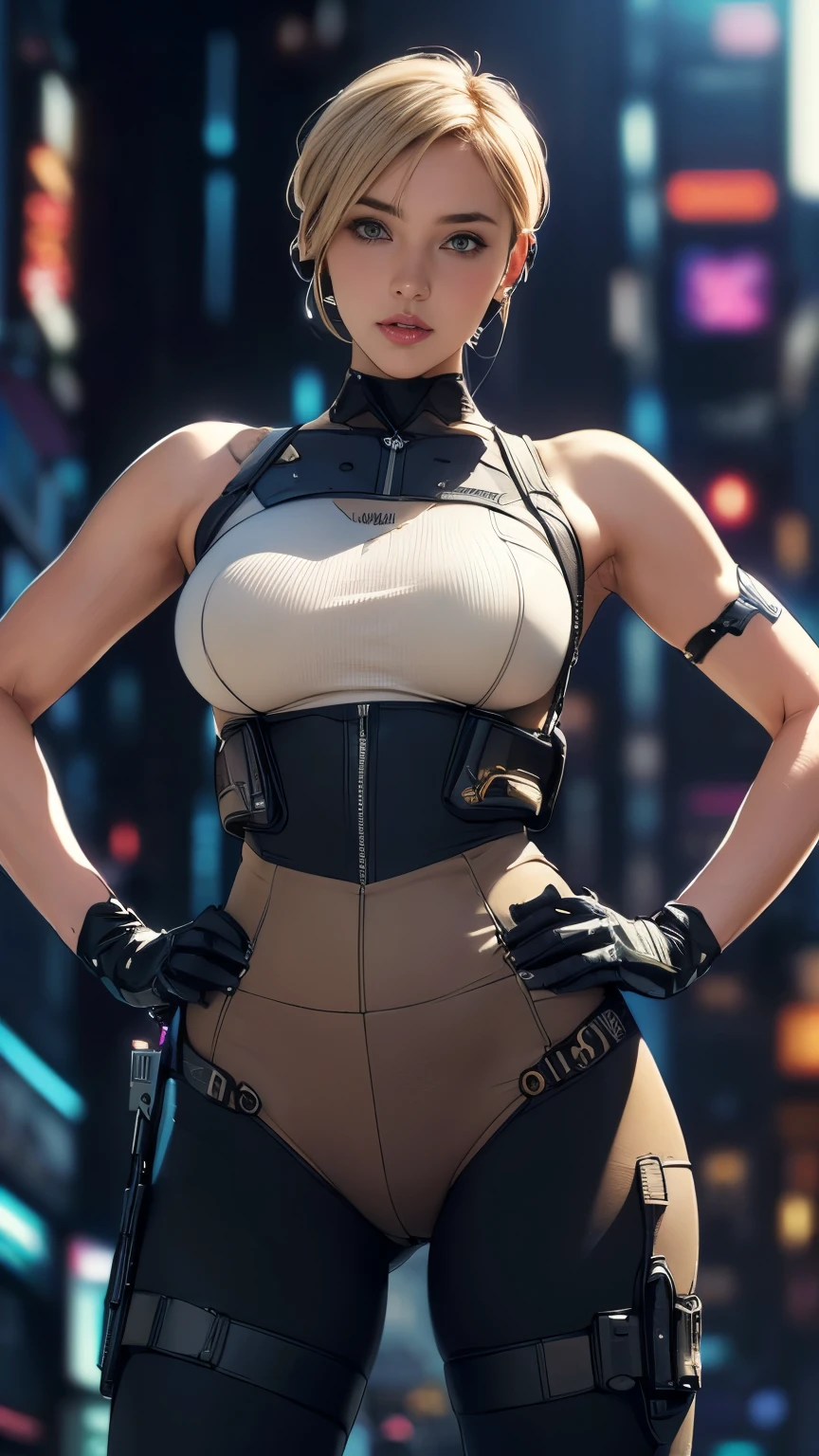 (A woman),(((Future female police officer standing))),((Black Tactical Tights:1.5)),((Camel toe:1.5)),((earphone:1.5)),((Tactical Holster:1.5)),(Gloves:1.5),(((Hands on hips:1.5))),(front:1.5),(From below:1.2),(Super short hair:1.5),(Blonde:1.5),(beautiful eyes:1.3),(Very detailedな顔:1.5),((Very detailedな女性の手の描画:1.5)),((muscular:1.5)),(Sexy look:1.5),((Thick thighs:1.5)),(Beautiful Body:1.5),((Very sensual:1.5)),(The backdrop is a futuristic city:1.5),(Cyberpunk atmosphere:1.5),(((Blurred background:1.5))),(Written border depth:1.5),rest(((masterpiece:1.5),(best quality:1.5),(Very detailed:1.5),(high resolution:1.5),(Practical:1.5),(Practical:1.5),(Delicate depiction),(carefully drawn))),8K,wallpaper