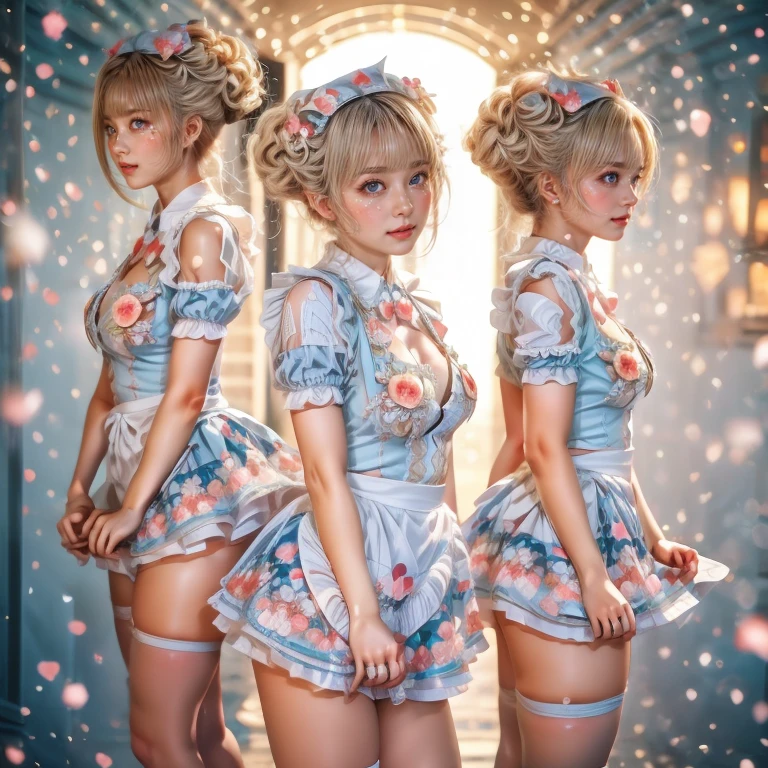 SFW, (Extremely Detailed((Kawaii Maid Group in a row:1.37))), ish perfect face, Reflective Eyes, Detailed(Delicate Clothing textures), Dynamic Joyful Expressions LifeLike Rendering, (Specular Reflection:0.2), TopQuality 8K Ultra-detailed masterpiece (ProfessionalPhoto:1.37), (Acutance:0.8), (Luminism:1.28), (Renaissance art style), (Light particles:0.75), (Muscle:-0.5), ((Full body from side)) skirtlift