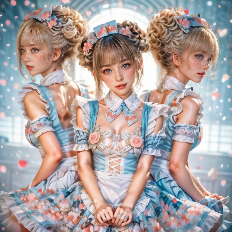 SFW, (Extremely Detailed((Kawaii Maid Group in a row:1.37))), Childish perfect face, Reflective Eyes, Detailed(Delicate Clothing textures), Dynamic Joyful Expressions LifeLike Rendering, (Specular Reflection:0.2), TopQuality 8K Ultra-detailed masterpiece (ProfessionalPhoto:1.37), (Acutance:0.8), (Luminism:1.28), (Renaissance art style), (Light particles:0.75), (Muscle:-0.5), ((Full body from side)) skirtlift