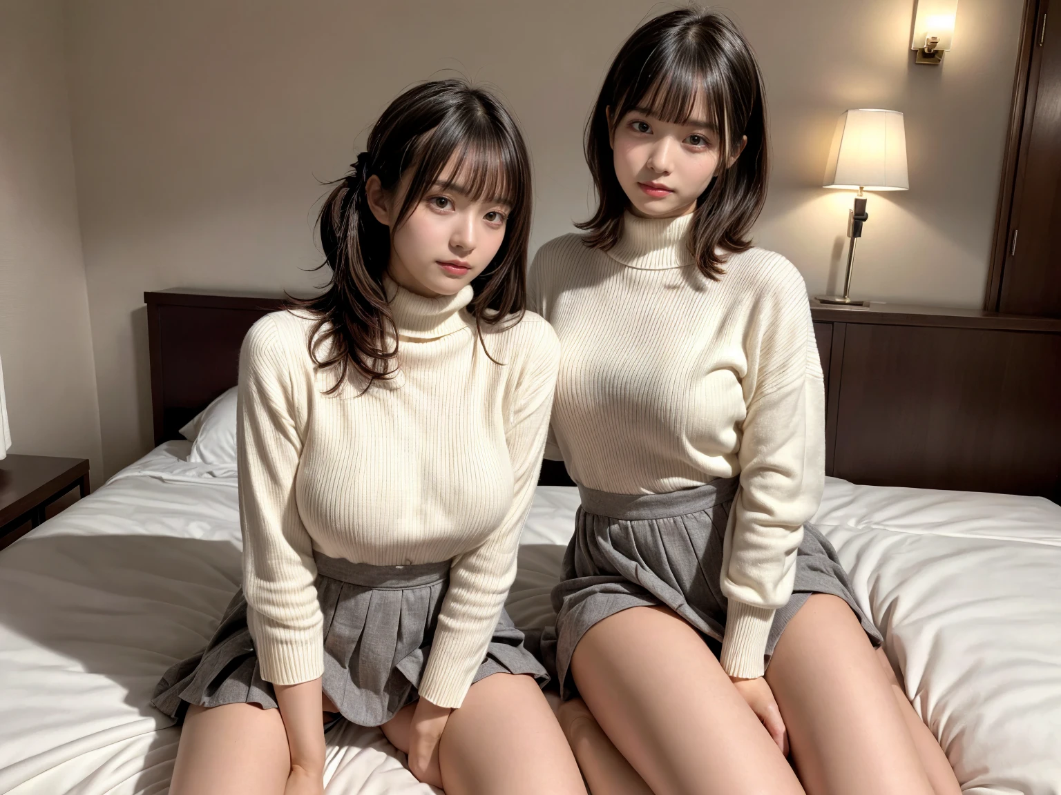 masterpiece, best quality, illustration, Super detailed, fine details, High resolution, 8K,wall paper, perfect dynamic composition,(Details High quality, realistic depiction of eyes:1.3), (2 girls), updo), white turtleneck sweater, pleated skirt, sitting, open legs, short bob hair, in a hotel room in the background, deep on field, large breasts, black hair color, Big Natural Color Lip, (perfect body shape), crying a little、Harajuku style、20 year old girl、cute type、beautiful legs, Gravure Idol